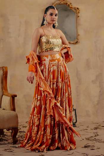 Ajiesh Oberoi_Gold Georgette, Jacquard, Lurex Sweetheart Neck Naaz-e-chamak Lehenga Set _Online_at_Aza_Fashions