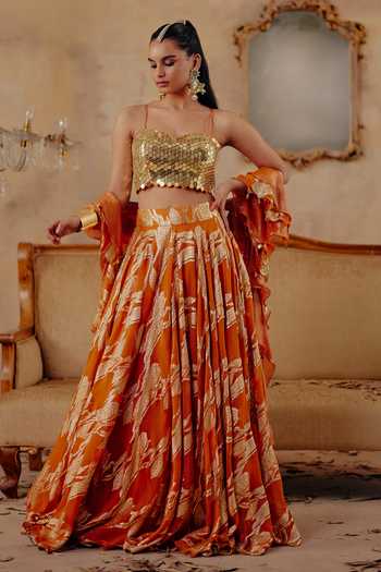 Shop_Ajiesh Oberoi_Gold Georgette, Jacquard, Lurex Sweetheart Neck Naaz-e-chamak Lehenga Set _at_Aza_Fashions