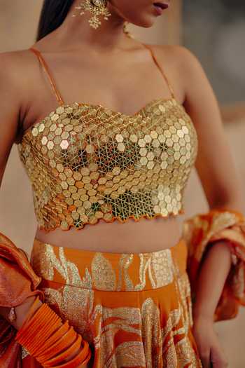 Shop_Ajiesh Oberoi_Gold Georgette, Jacquard, Lurex Sweetheart Neck Naaz-e-chamak Lehenga Set 