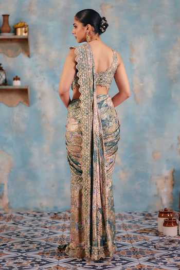 Shop_Ajiesh Oberoi_Pink Georgette, Jacquard, Lurex Gulabi-jhalak Pre-draped Saree And Blouse Set _at_Aza_Fashions