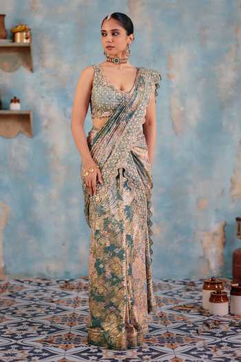 Buy_Ajiesh Oberoi_Pink Georgette, Jacquard, Lurex Gulabi-jhalak Pre-draped Saree And Blouse Set _at_Aza_Fashions