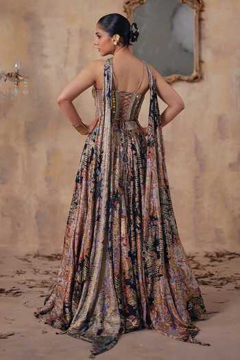 Shop_Ajiesh Oberoi_Gold Georgette, Lurex Sweetheart Neck Noorin Printed Lehenga Set _at_Aza_Fashions