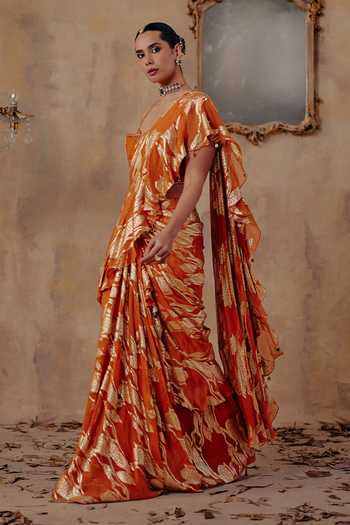Shop_Ajiesh Oberoi_Gold Georgette, Jacquard, Lurex Mehru Pre-draped Ruffle Saree And Blouse Set _at_Aza_Fashions
