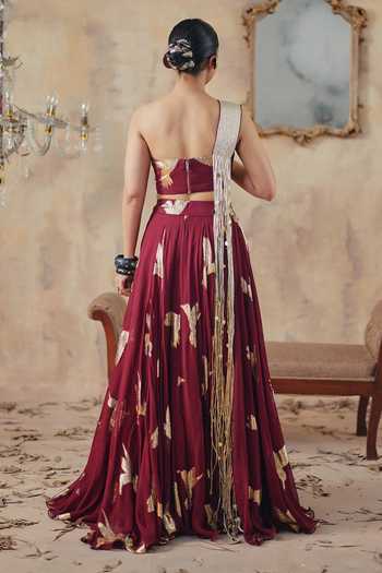 Shop_Ajiesh Oberoi_Maroon Georgette, Lurex, Noor-e-gulab Metallic Pattern Lehenga And Blouse Set _at_Aza_Fashions