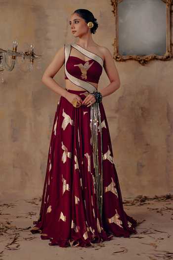 Buy_Ajiesh Oberoi_Maroon Georgette, Lurex, Noor-e-gulab Metallic Pattern Lehenga And Blouse Set _at_Aza_Fashions