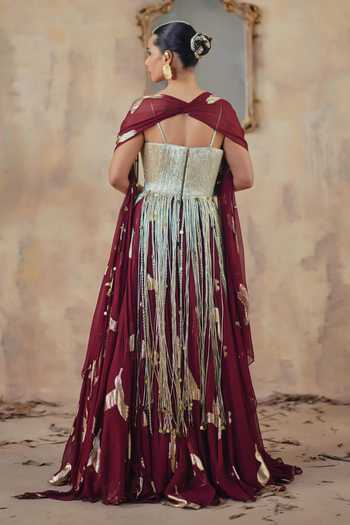 Shop_Ajiesh Oberoi_Maroon Georgette, Jacquard, Lurex Sunehri Lau Metallic Pattern Lehenga Set _at_Aza_Fashions