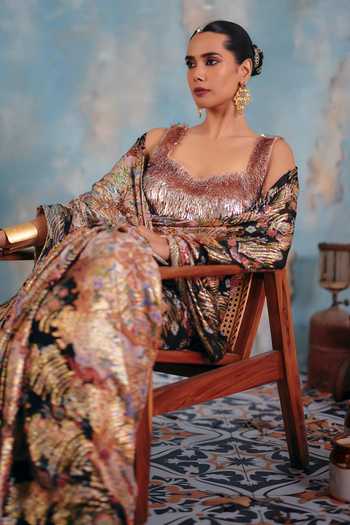 Ajiesh Oberoi_Pink Georgette, Lurex Scoop Neck Zehn Printed Pre-draped Saree And Blouse Set _Online_at_Aza_Fashions