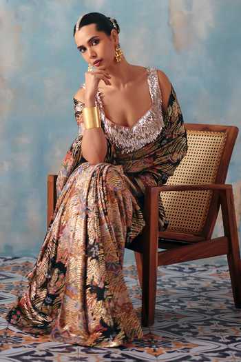 Shop_Ajiesh Oberoi_Pink Georgette, Lurex Scoop Neck Zehn Printed Pre-draped Saree And Blouse Set _Online_at_Aza_Fashions