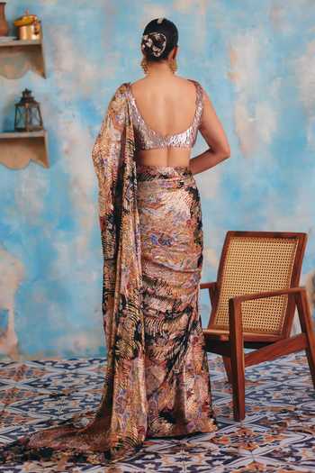 Shop_Ajiesh Oberoi_Pink Georgette, Lurex Scoop Neck Zehn Printed Pre-draped Saree And Blouse Set _at_Aza_Fashions