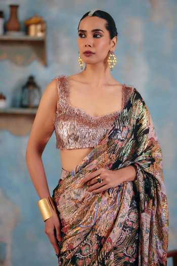 Ajiesh Oberoi_Pink Georgette, Lurex Scoop Neck Zehn Printed Pre-draped Saree And Blouse Set _at_Aza_Fashions