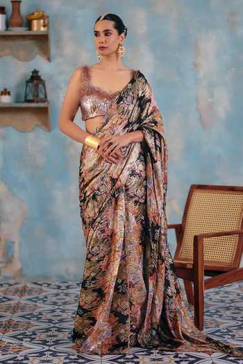 Buy_Ajiesh Oberoi_Pink Georgette, Lurex Scoop Neck Zehn Printed Pre-draped Saree And Blouse Set _at_Aza_Fashions