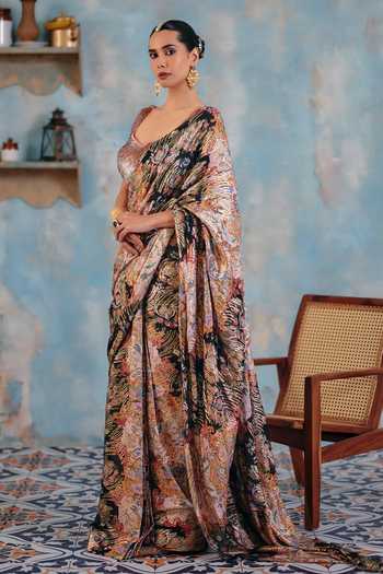 Buy_Ajiesh Oberoi_Pink Georgette, Lurex Scoop Neck Zehn Printed Pre-draped Saree And Blouse Set 