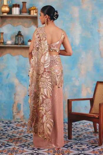 Shop_Ajiesh Oberoi_Gold Georgette, Lurex V-neck Chandni Pre-draped Saree And Blouse Set _at_Aza_Fashions