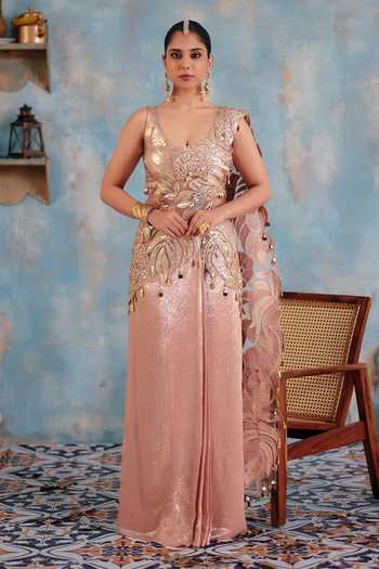 Buy_Ajiesh Oberoi_Gold Georgette, Lurex V-neck Chandni Pre-draped Saree And Blouse Set _at_Aza_Fashions