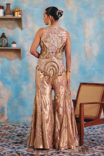 Shop_Ajiesh Oberoi_Rose Gold Georgette, Jacquard, Lurex Riyana Embellished Jacket Flared Pant Set _at_Aza_Fashions