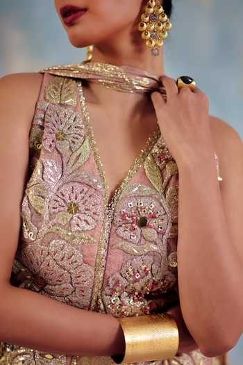 Shop_Ajiesh Oberoi_Rose Gold Georgette, Jacquard, Lurex Riyana Embellished Jacket Flared Pant Set _Online_at_Aza_Fashions