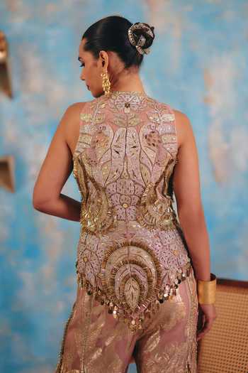 Ajiesh Oberoi_Rose Gold Georgette, Jacquard, Lurex Riyana Embellished Jacket Flared Pant Set _at_Aza_Fashions