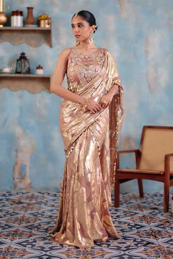 Shop_Ajiesh Oberoi_Rose Gold Georgette, Haya Metallic Pattern Pre-draped Saree And Blouse Set _at_Aza_Fashions