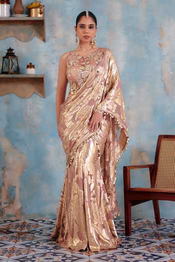 Buy_Ajiesh Oberoi_Rose Gold Georgette, Haya Metallic Pattern Pre-draped Saree And Blouse Set _at_Aza_Fashions
