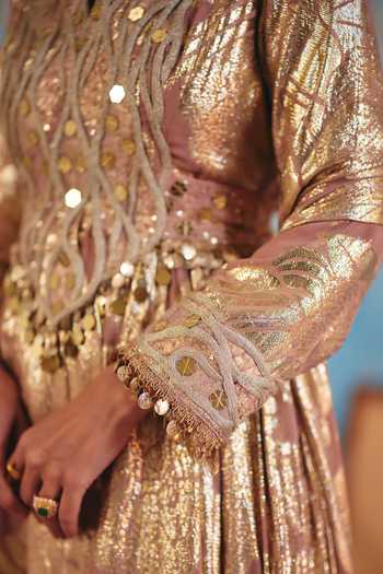Buy_Ajiesh Oberoi_Rose Gold Georgette, Jacquard, Mahnoor Metallic Pattern Anarkali And Dupatta Set _Online_at_Aza_Fashions
