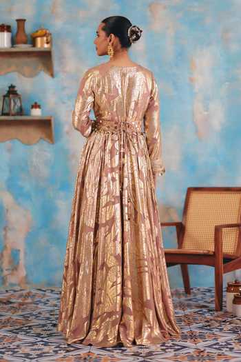 Shop_Ajiesh Oberoi_Rose Gold Georgette, Jacquard, Mahnoor Metallic Pattern Anarkali And Dupatta Set _at_Aza_Fashions