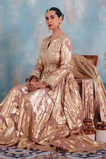 Ajiesh Oberoi_Rose Gold Georgette, Jacquard, Mahnoor Metallic Pattern Anarkali And Dupatta Set _at_Aza_Fashions