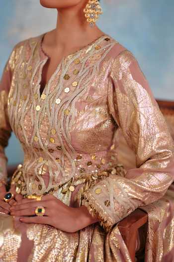 Buy_Ajiesh Oberoi_Rose Gold Georgette, Jacquard, Mahnoor Metallic Pattern Anarkali And Dupatta Set 