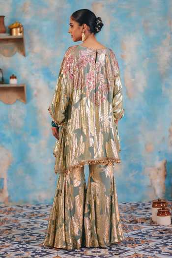 Shop_Ajiesh Oberoi_Pink Georgette, Jacquard, Lurex Husna Metallic Floral Pattern Top And Pant Set _at_Aza_Fashions
