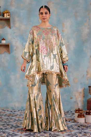 Buy_Ajiesh Oberoi_Pink Georgette, Jacquard, Lurex Husna Metallic Floral Pattern Top And Pant Set _at_Aza_Fashions
