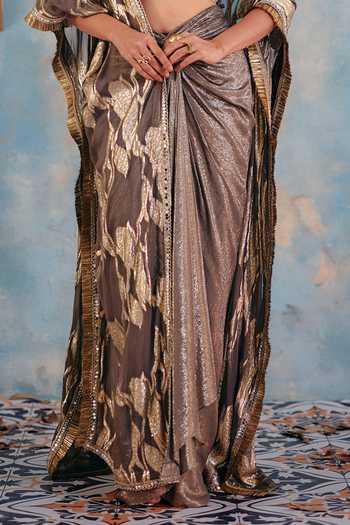 Ajiesh Oberoi_Gold Georgette, Jacquard, Lurex Bandeau Neck Mehtaab-e-raat Draped Skirt Set _Online_at_Aza_Fashions