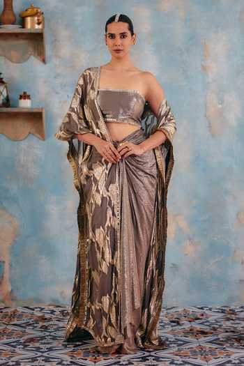 Buy_Ajiesh Oberoi_Gold Georgette, Jacquard, Lurex Bandeau Neck Mehtaab-e-raat Draped Skirt Set _at_Aza_Fashions