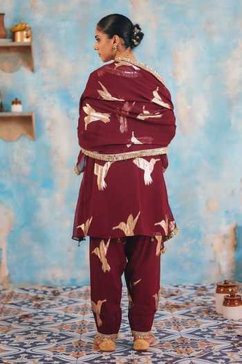 Shop_Ajiesh Oberoi_Gold Georgette, Jacquard, Lurex V-neck Mehnaz Bird Pattern Kurta Set _at_Aza_Fashions