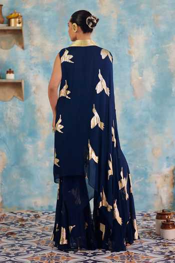 Shop_Ajiesh Oberoi_Blue Georgette, Jacquard, Lurex Shaam Metallic Bird Pattern Shirt And Pant Set _at_Aza_Fashions