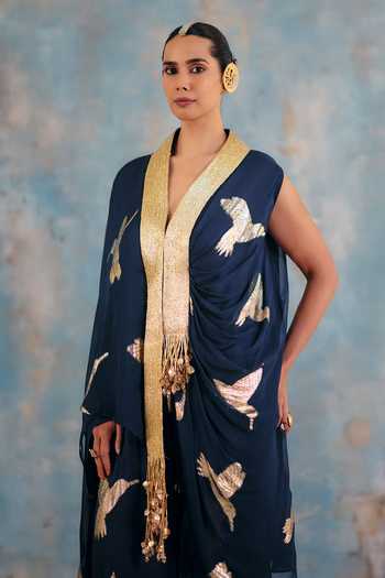 Shop_Ajiesh Oberoi_Blue Georgette, Jacquard, Lurex Shaam Metallic Bird Pattern Shirt And Pant Set _Online_at_Aza_Fashions