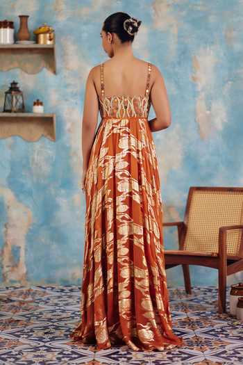Shop_Ajiesh Oberoi_Gold Georgette, Surkh Sitara Metallic Leaf Pattern Anarkali And Dupatta Set _at_Aza_Fashions