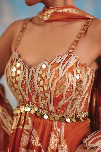 Ajiesh Oberoi_Gold Georgette, Surkh Sitara Metallic Leaf Pattern Anarkali And Dupatta Set _Online_at_Aza_Fashions
