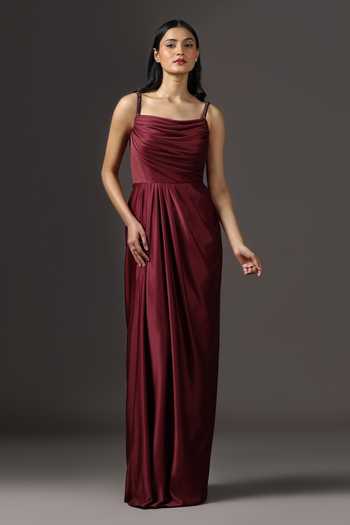 Buy_Pooja Peshoria_Burgundy Crepe, Polyester Beads, Crystals Square Embroidered Strap Draped Gown _at_Aza_Fashions