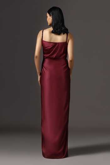 Shop_Pooja Peshoria_Burgundy Crepe, Polyester Beads, Crystals Square Embroidered Strap Draped Gown _at_Aza_Fashions