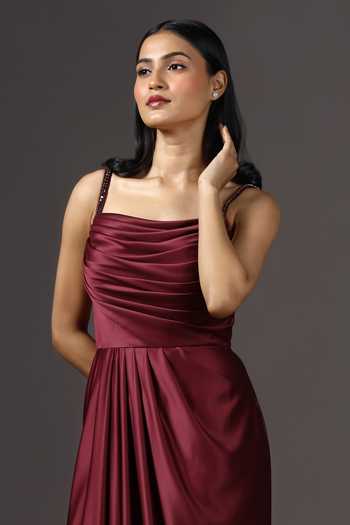Buy_Pooja Peshoria_Burgundy Crepe, Polyester Beads, Crystals Square Embroidered Strap Draped Gown 