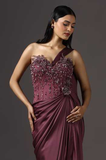 Pooja Peshoria_Wine Crepe, Polyester Sequins, Stones Hand Embroidered Bodice Draped Gown _Online_at_Aza_Fashions