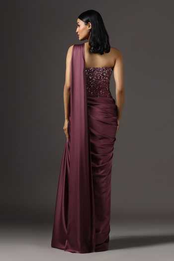 Shop_Pooja Peshoria_Wine Crepe, Polyester Sequins, Stones Hand Embroidered Bodice Draped Gown _at_Aza_Fashions