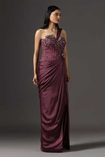 Buy_Pooja Peshoria_Wine Crepe, Polyester Sequins, Stones Hand Embroidered Bodice Draped Gown _Online_at_Aza_Fashions