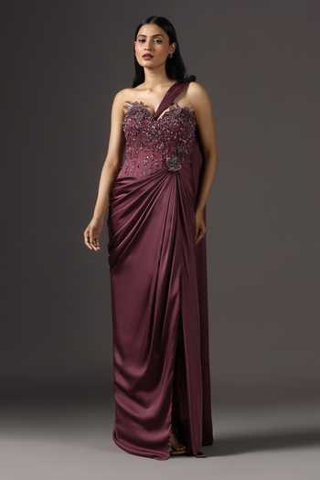 Buy_Pooja Peshoria_Wine Crepe, Polyester Sequins, Stones Hand Embroidered Bodice Draped Gown _at_Aza_Fashions