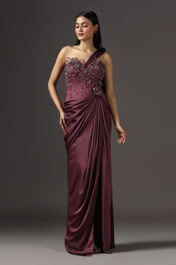 Shop_Pooja Peshoria_Wine Crepe, Polyester Sequins, Stones Hand Embroidered Bodice Draped Gown _Online_at_Aza_Fashions