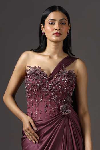 Pooja Peshoria_Wine Crepe, Polyester Sequins, Stones Hand Embroidered Bodice Draped Gown _at_Aza_Fashions