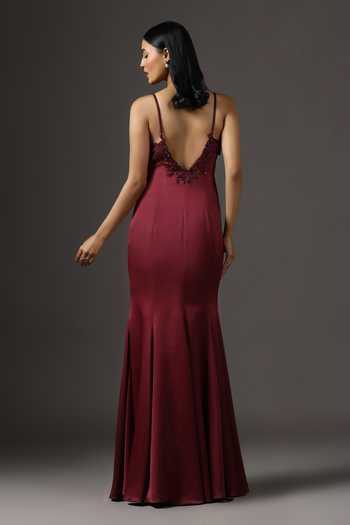 Shop_Pooja Peshoria_Burgundy Crepe, Polyester Embroidery, Beads, Stones Floral Yoke Mermaid Gown _at_Aza_Fashions