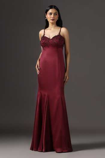 Buy_Pooja Peshoria_Burgundy Crepe, Polyester Embroidery, Beads, Stones Floral Yoke Mermaid Gown _at_Aza_Fashions