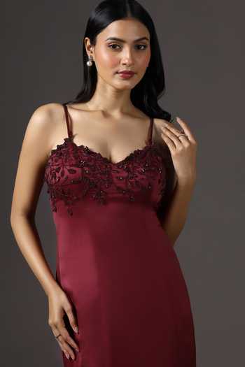 Pooja Peshoria_Burgundy Crepe, Polyester Embroidery, Beads, Stones Floral Yoke Mermaid Gown _at_Aza_Fashions