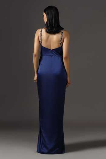 Shop_Pooja Peshoria_Blue Satin Crystals Halter Neck Hand Embroidered Straps Draped Gown _at_Aza_Fashions