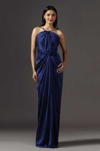 Buy_Pooja Peshoria_Blue Satin Crystals Halter Neck Hand Embroidered Straps Draped Gown _at_Aza_Fashions